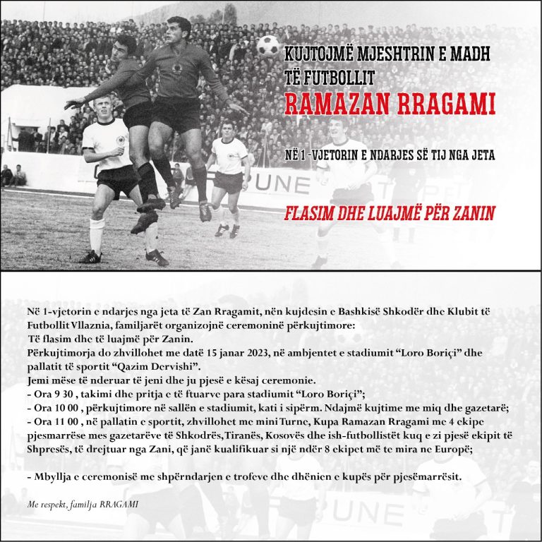 Një vit pa Zanin! Të dielën, ceremoni përkujtimore dhe Kupa “Ramazan Rragami” me pjesëmarrjen e 4 ekipeve: Gazetarët e Shkodrës, Tiranës e Kosoves, dhe ish-futbollistë kuqezi