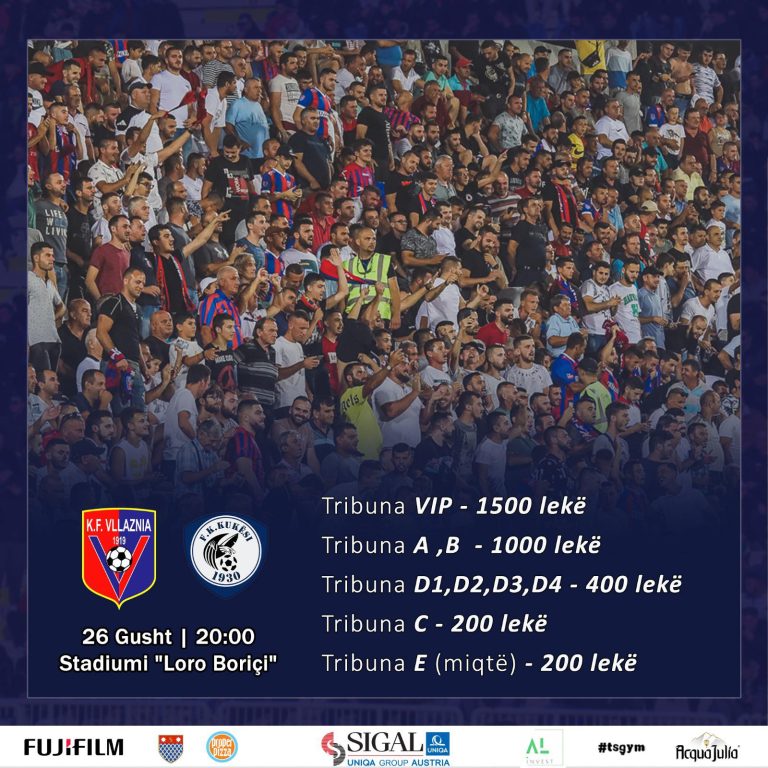 Vllaznia-Kukësi, vazhdon shitja e biletave për sfidën e së shtunës.  Çmimet, nga 200 lekë në tribunat anësore përfshirë edhe atë të miqve, deri në 1500 lekë në tribunën VIP