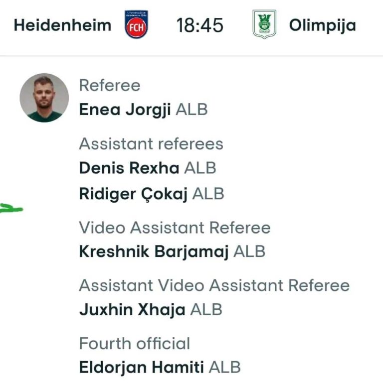 Enea Jorgji, Denis Rexha, Ridiger Çokaj, Eldorjan Hamiti, Kreshnik Bajrami dhe Juxhin Xhaja, gjykojnë të enjten Heidenheim-Olimpija Ljubljana(Europa League)